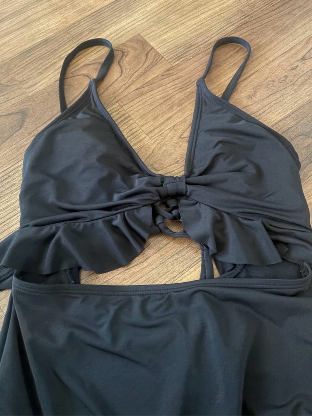 Hurley Black Ruffle One-Piece Swimsuit with Front Tie